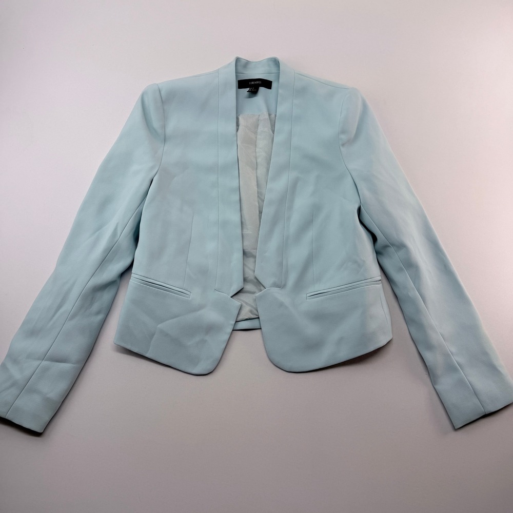 Forever 21 Baby Blue Open Front Collarless Blazer Lined Light Blue Size L